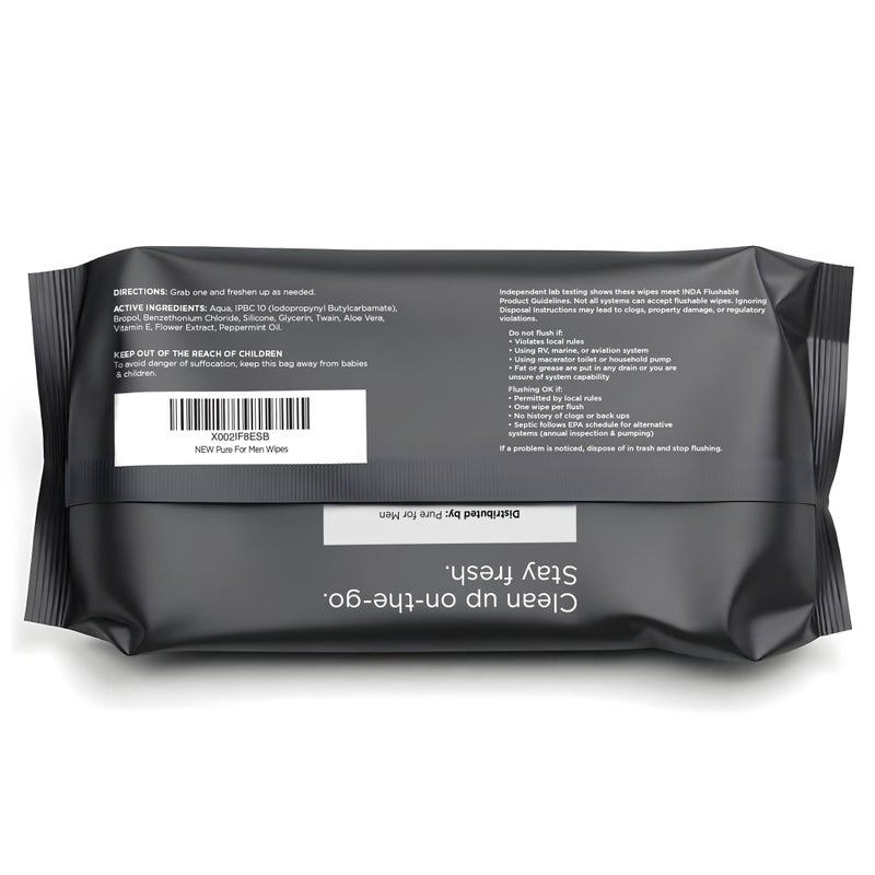 PURE FOR MEN بيور للرجال مناديل قابلة للتدفق | تساعد في القضاء على الروائح، 100% قابلة للتحلل الحيوي، خالية من البارابين والكحول | فيتامين E، ميزيلار وألوة فيرا | 48 قطعة - Image 2